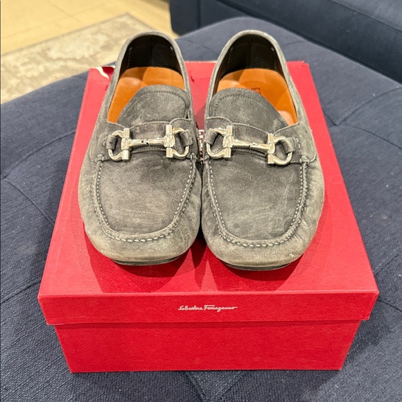 Salvatore Ferragamo Gray Suede Loafers with Silver Bit